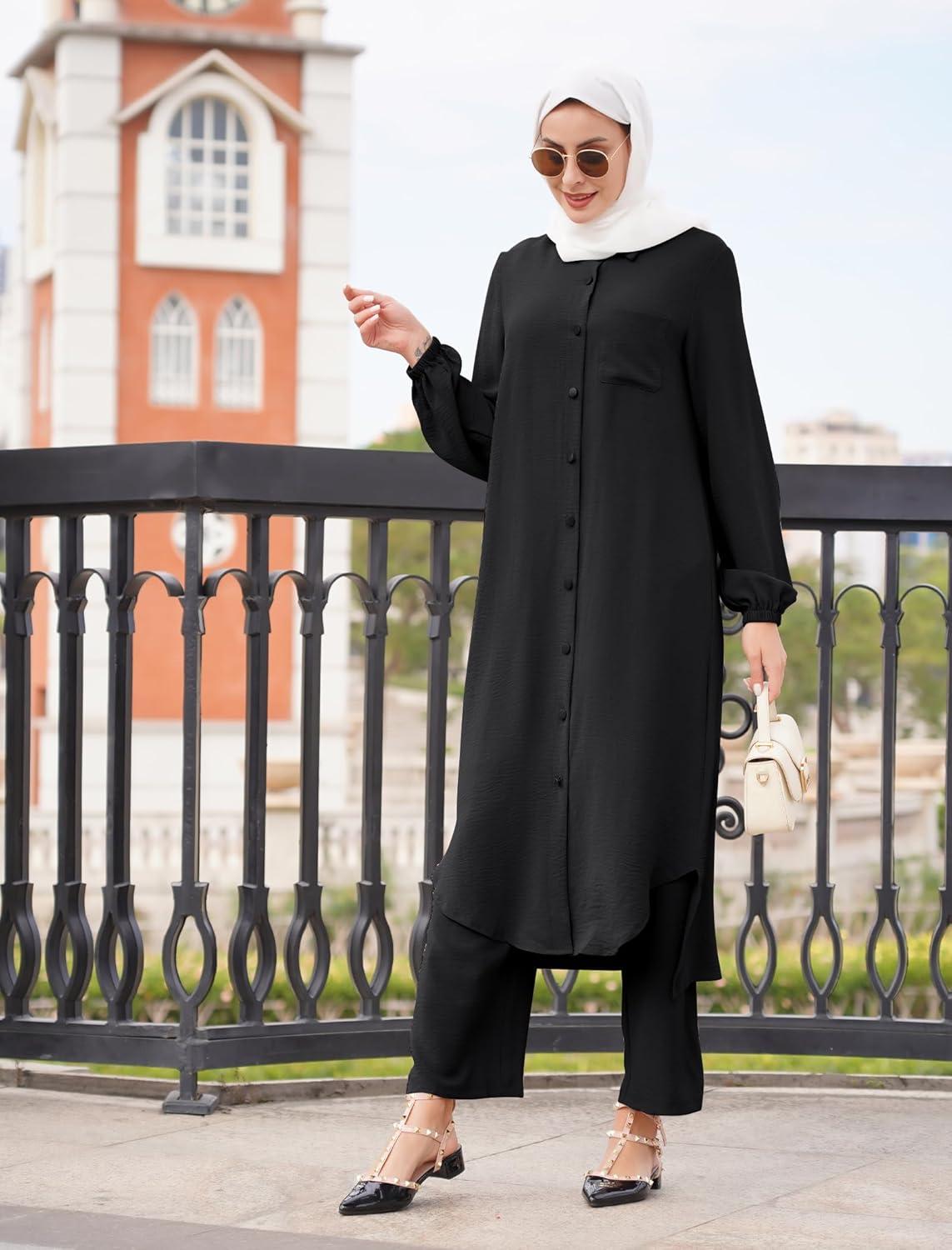 imageIDOPIP Abaya Dress for Women Muslim Set Long Sleeve Chiffon Islamic Dress Shirt with Pants 2PCS Dubai Prayer Casual ClothesBlack