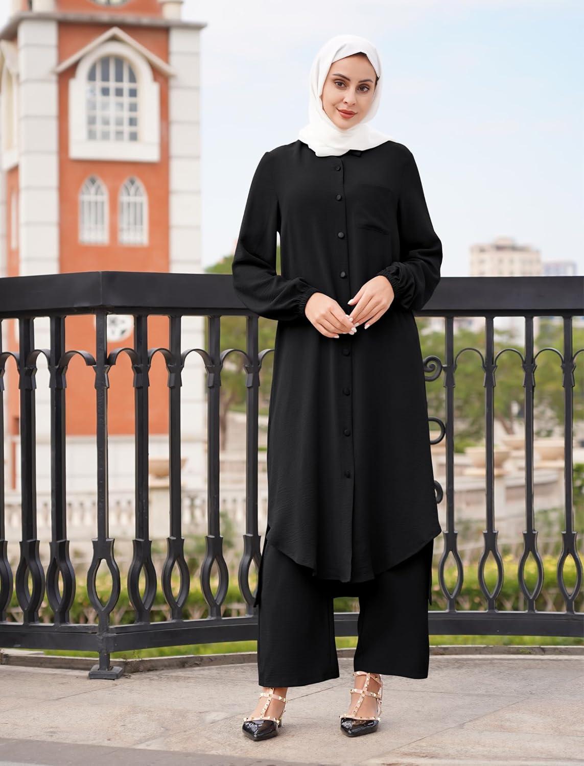 imageIDOPIP Abaya Dress for Women Muslim Set Long Sleeve Chiffon Islamic Dress Shirt with Pants 2PCS Dubai Prayer Casual ClothesBlack