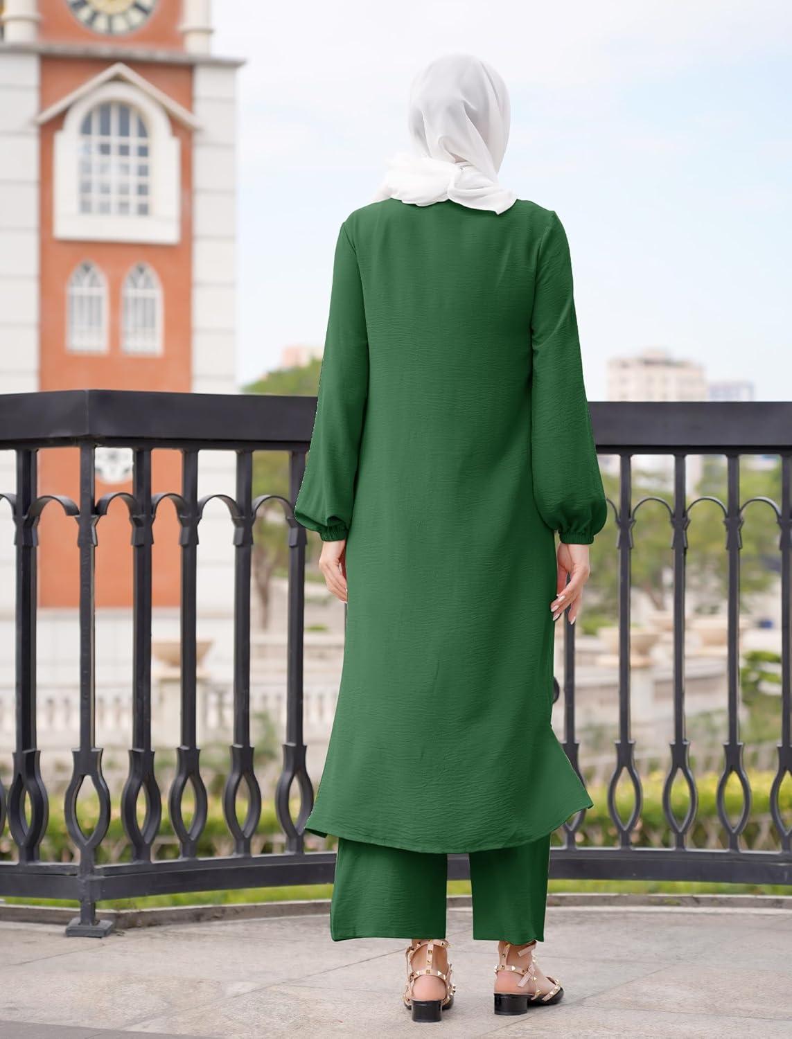 imageIDOPIP Abaya Dress for Women Muslim Set Long Sleeve Chiffon Islamic Dress Shirt with Pants 2PCS Dubai Prayer Casual ClothesBlackish Green