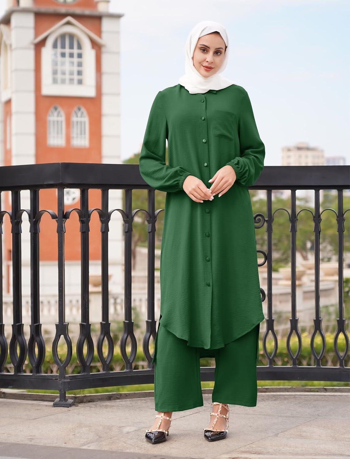 imageIDOPIP Abaya Dress for Women Muslim Set Long Sleeve Chiffon Islamic Dress Shirt with Pants 2PCS Dubai Prayer Casual ClothesBlackish Green
