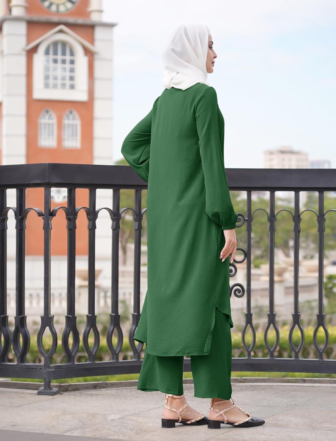 imageIDOPIP Abaya Dress for Women Muslim Set Long Sleeve Chiffon Islamic Dress Shirt with Pants 2PCS Dubai Prayer Casual ClothesBlackish Green