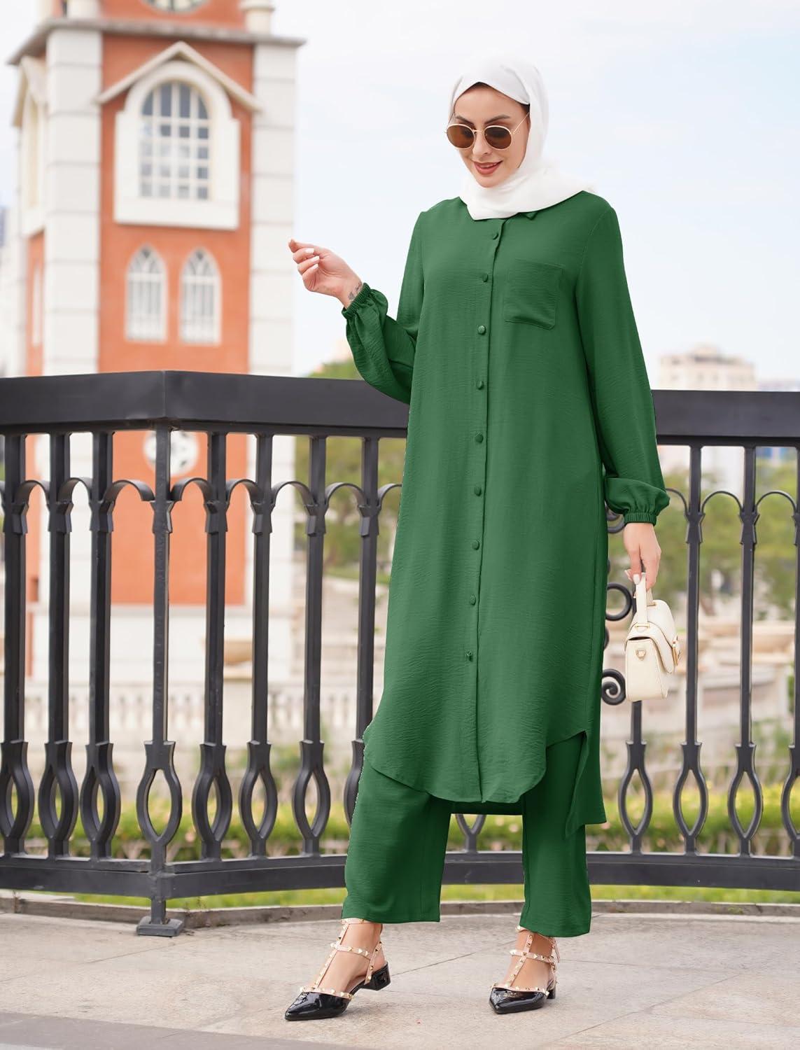 imageIDOPIP Abaya Dress for Women Muslim Set Long Sleeve Chiffon Islamic Dress Shirt with Pants 2PCS Dubai Prayer Casual ClothesBlackish Green