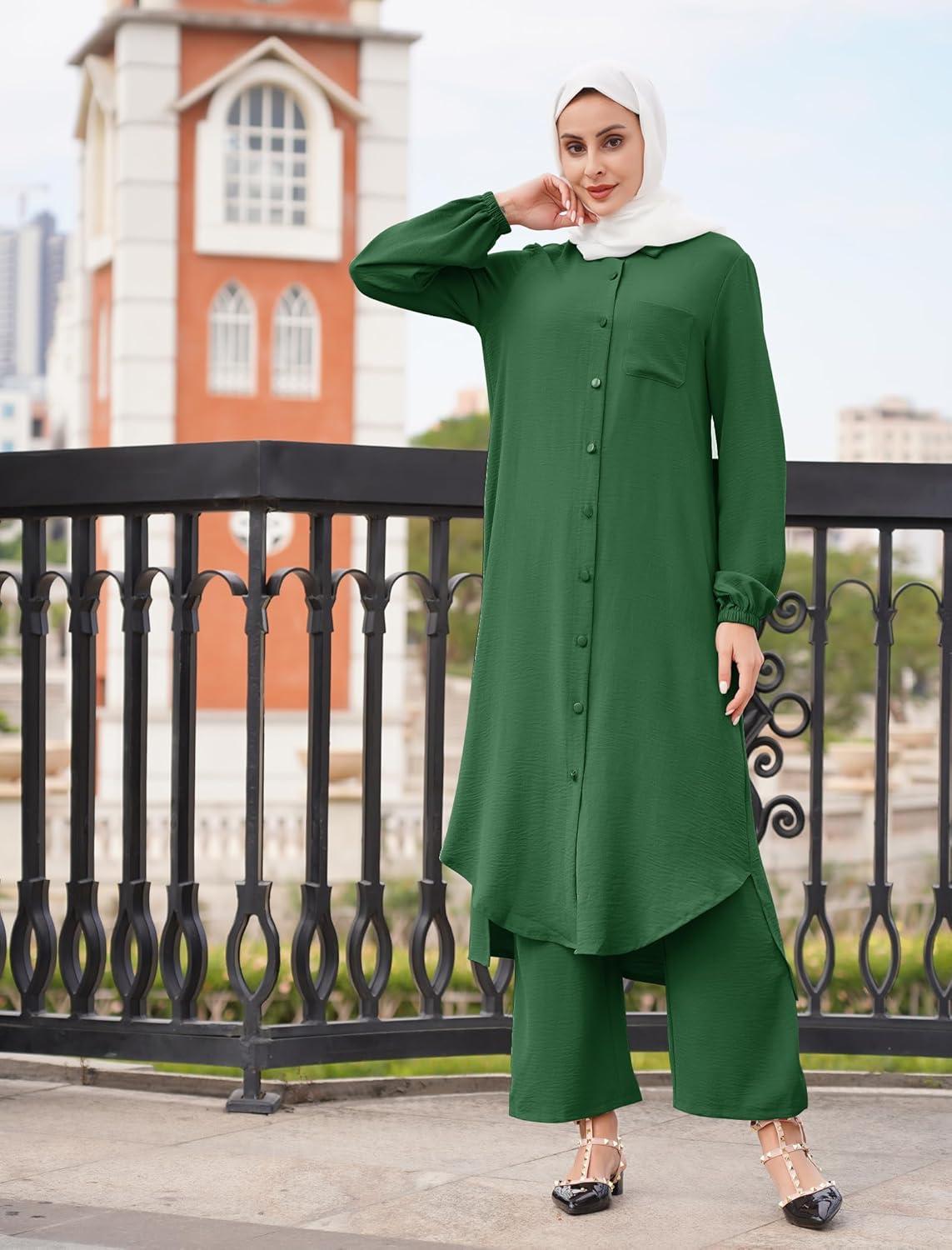 imageIDOPIP Abaya Dress for Women Muslim Set Long Sleeve Chiffon Islamic Dress Shirt with Pants 2PCS Dubai Prayer Casual ClothesBlackish Green