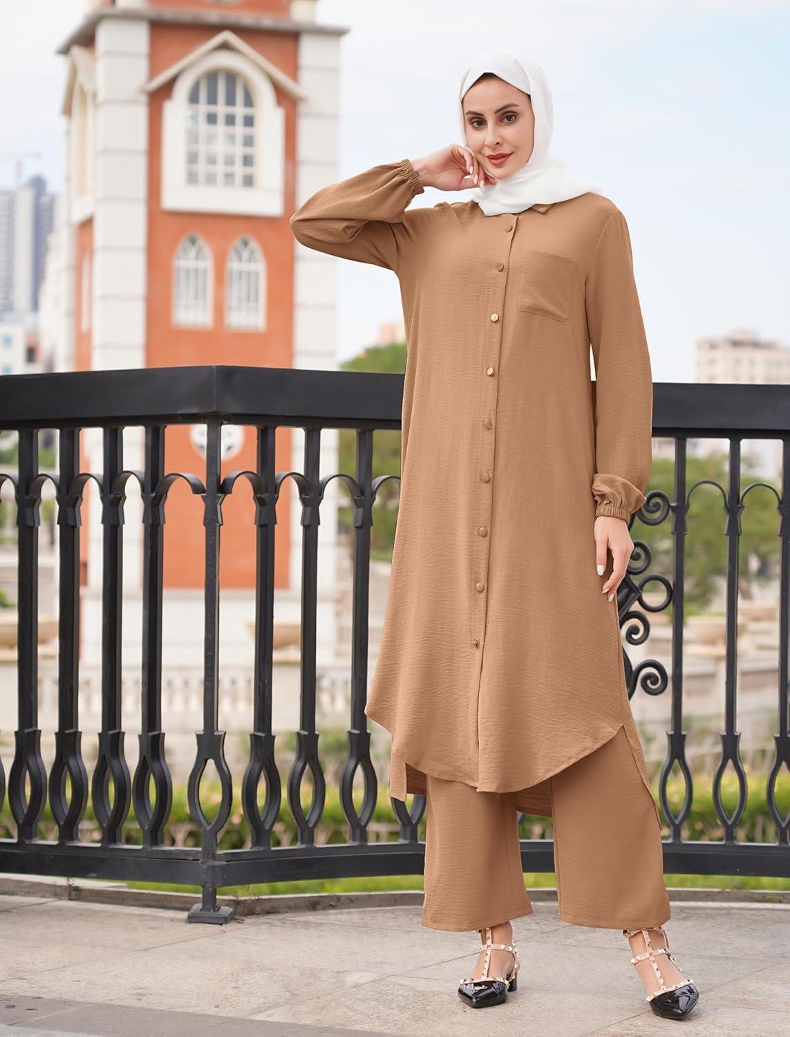 imageIDOPIP Abaya Dress for Women Muslim Set Long Sleeve Chiffon Islamic Dress Shirt with Pants 2PCS Dubai Prayer Casual ClothesCaramel