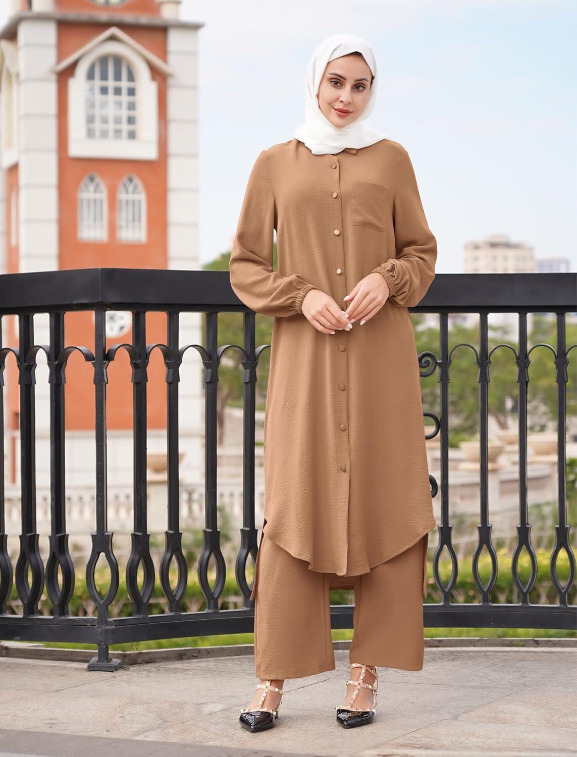 imageIDOPIP Abaya Dress for Women Muslim Set Long Sleeve Chiffon Islamic Dress Shirt with Pants 2PCS Dubai Prayer Casual ClothesCaramel