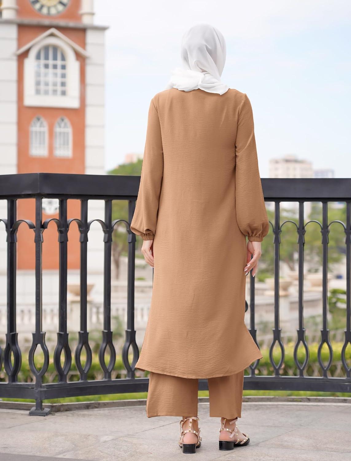 imageIDOPIP Abaya Dress for Women Muslim Set Long Sleeve Chiffon Islamic Dress Shirt with Pants 2PCS Dubai Prayer Casual ClothesCaramel