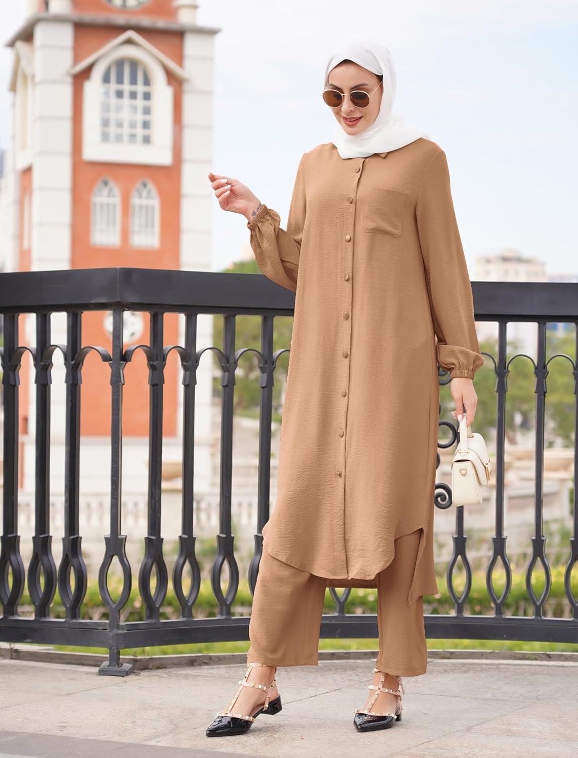 imageIDOPIP Abaya Dress for Women Muslim Set Long Sleeve Chiffon Islamic Dress Shirt with Pants 2PCS Dubai Prayer Casual ClothesCaramel