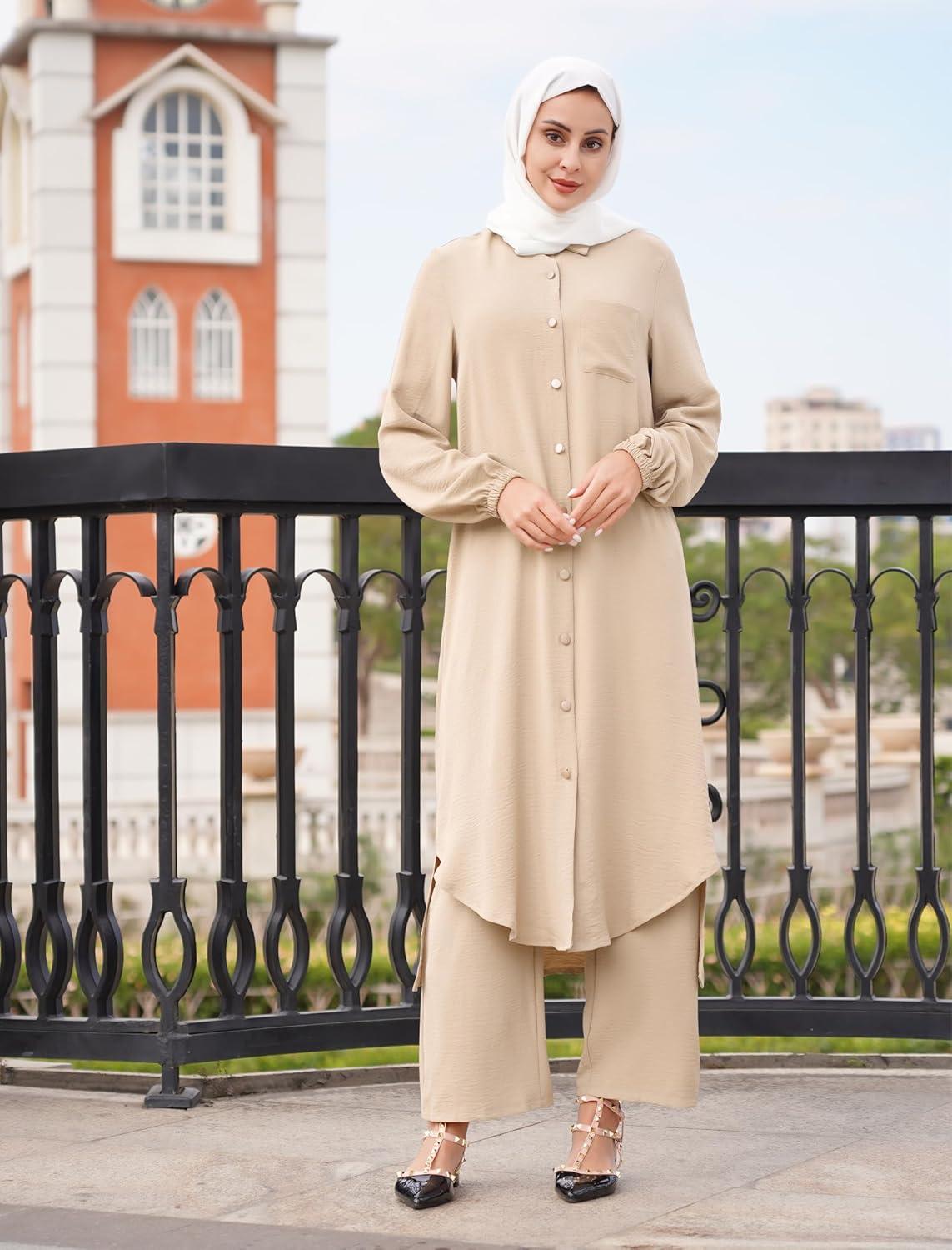 imageIDOPIP Abaya Dress for Women Muslim Set Long Sleeve Chiffon Islamic Dress Shirt with Pants 2PCS Dubai Prayer Casual ClothesChampagne