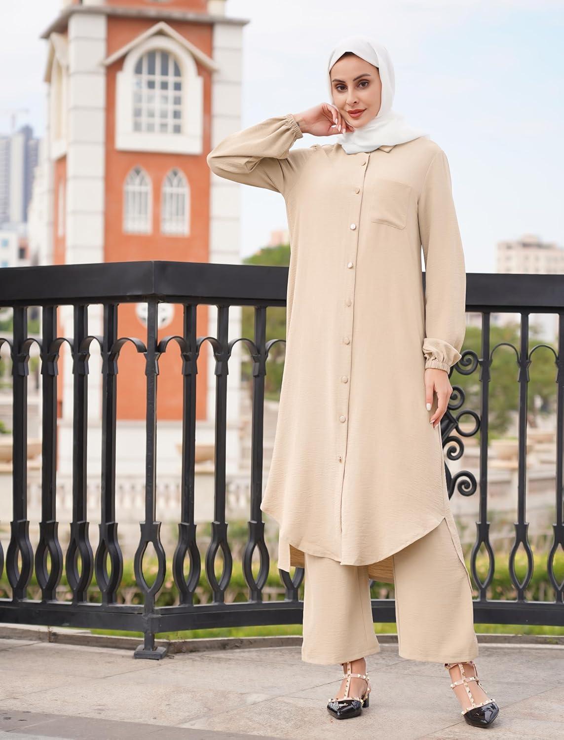 imageIDOPIP Abaya Dress for Women Muslim Set Long Sleeve Chiffon Islamic Dress Shirt with Pants 2PCS Dubai Prayer Casual ClothesChampagne