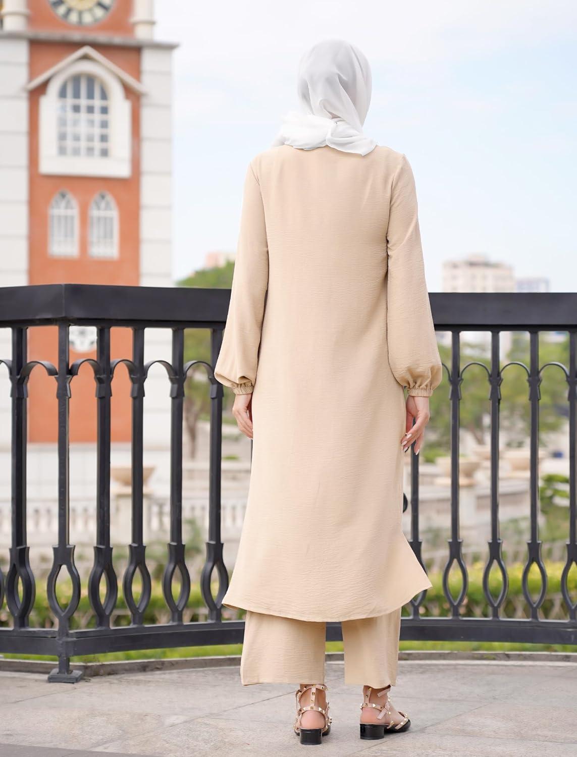 imageIDOPIP Abaya Dress for Women Muslim Set Long Sleeve Chiffon Islamic Dress Shirt with Pants 2PCS Dubai Prayer Casual ClothesChampagne