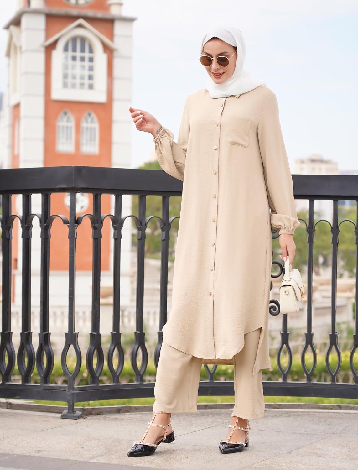 imageIDOPIP Abaya Dress for Women Muslim Set Long Sleeve Chiffon Islamic Dress Shirt with Pants 2PCS Dubai Prayer Casual ClothesChampagne
