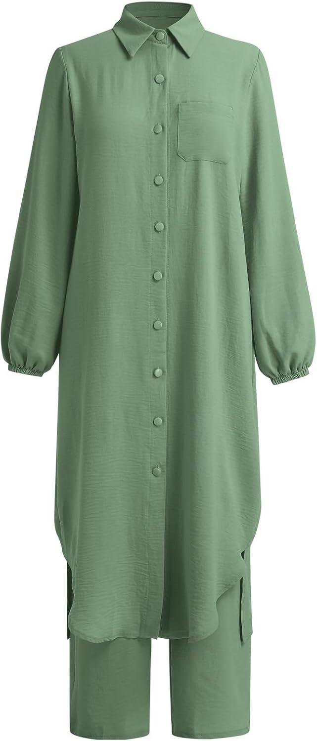imageIDOPIP Abaya Dress for Women Muslim Set Long Sleeve Chiffon Islamic Dress Shirt with Pants 2PCS Dubai Prayer Casual ClothesGreen
