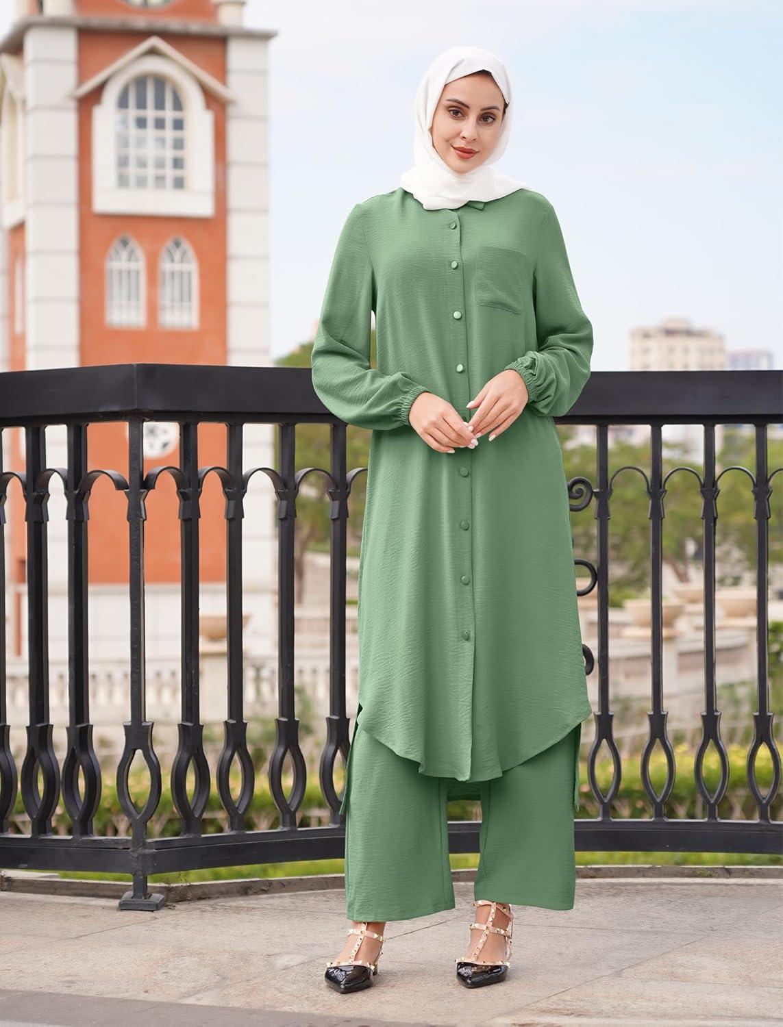 imageIDOPIP Abaya Dress for Women Muslim Set Long Sleeve Chiffon Islamic Dress Shirt with Pants 2PCS Dubai Prayer Casual ClothesGreen