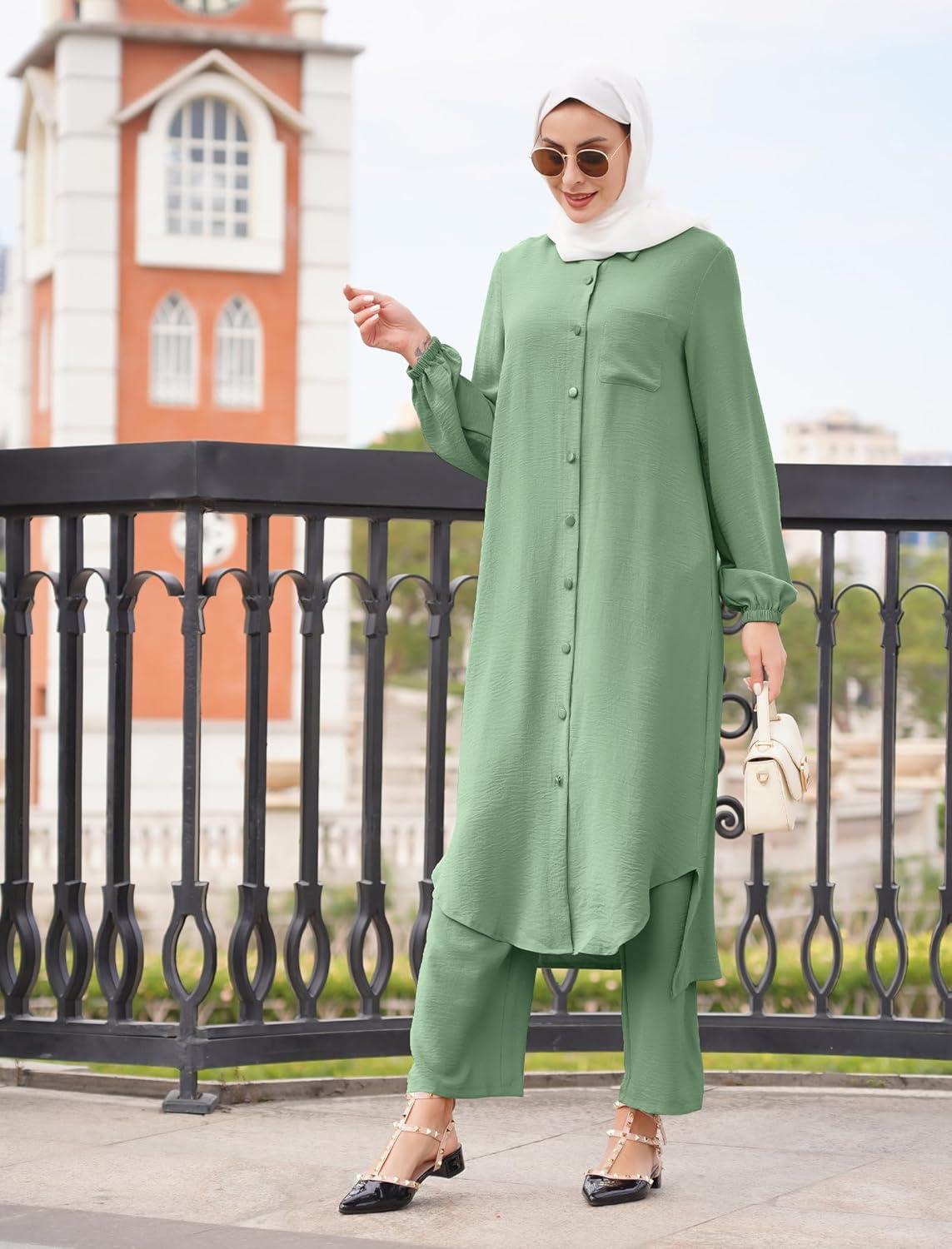 imageIDOPIP Abaya Dress for Women Muslim Set Long Sleeve Chiffon Islamic Dress Shirt with Pants 2PCS Dubai Prayer Casual ClothesGreen