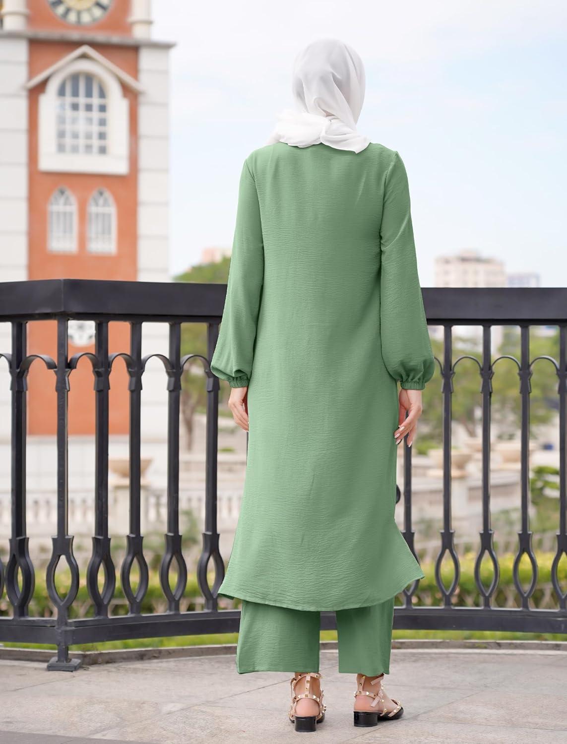 imageIDOPIP Abaya Dress for Women Muslim Set Long Sleeve Chiffon Islamic Dress Shirt with Pants 2PCS Dubai Prayer Casual ClothesGreen