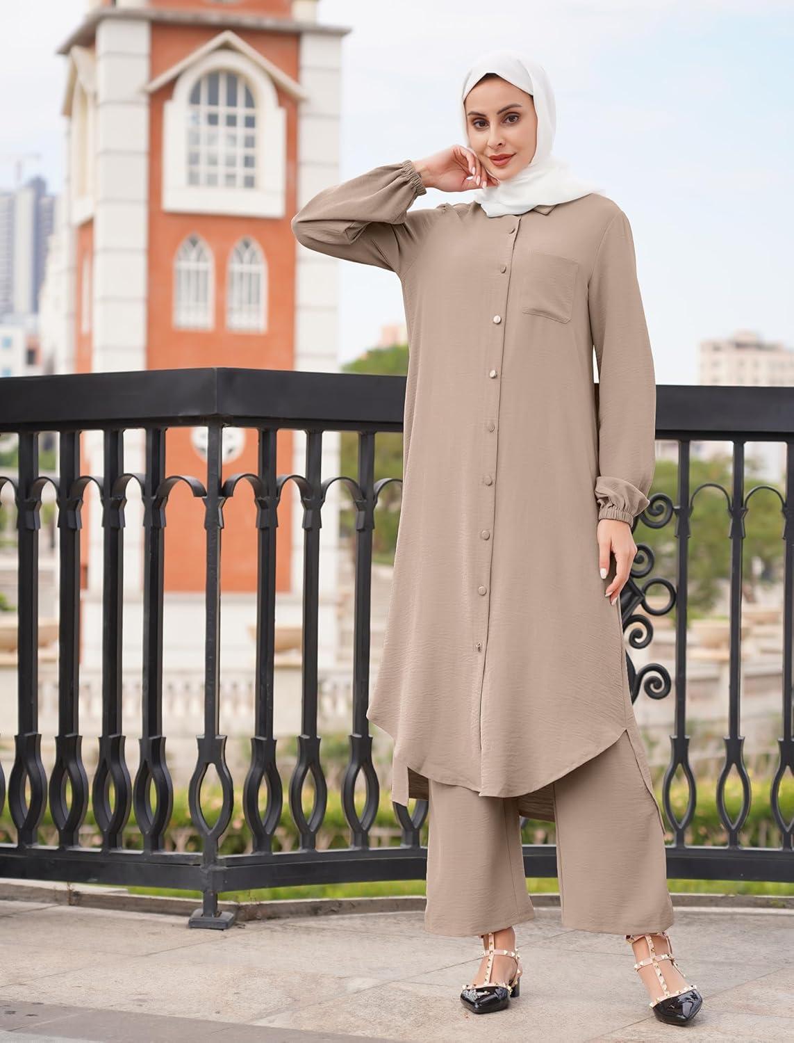 imageIDOPIP Abaya Dress for Women Muslim Set Long Sleeve Chiffon Islamic Dress Shirt with Pants 2PCS Dubai Prayer Casual ClothesKhaki