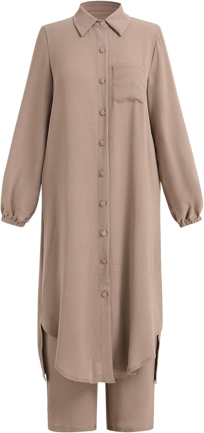 imageIDOPIP Abaya Dress for Women Muslim Set Long Sleeve Chiffon Islamic Dress Shirt with Pants 2PCS Dubai Prayer Casual ClothesKhaki