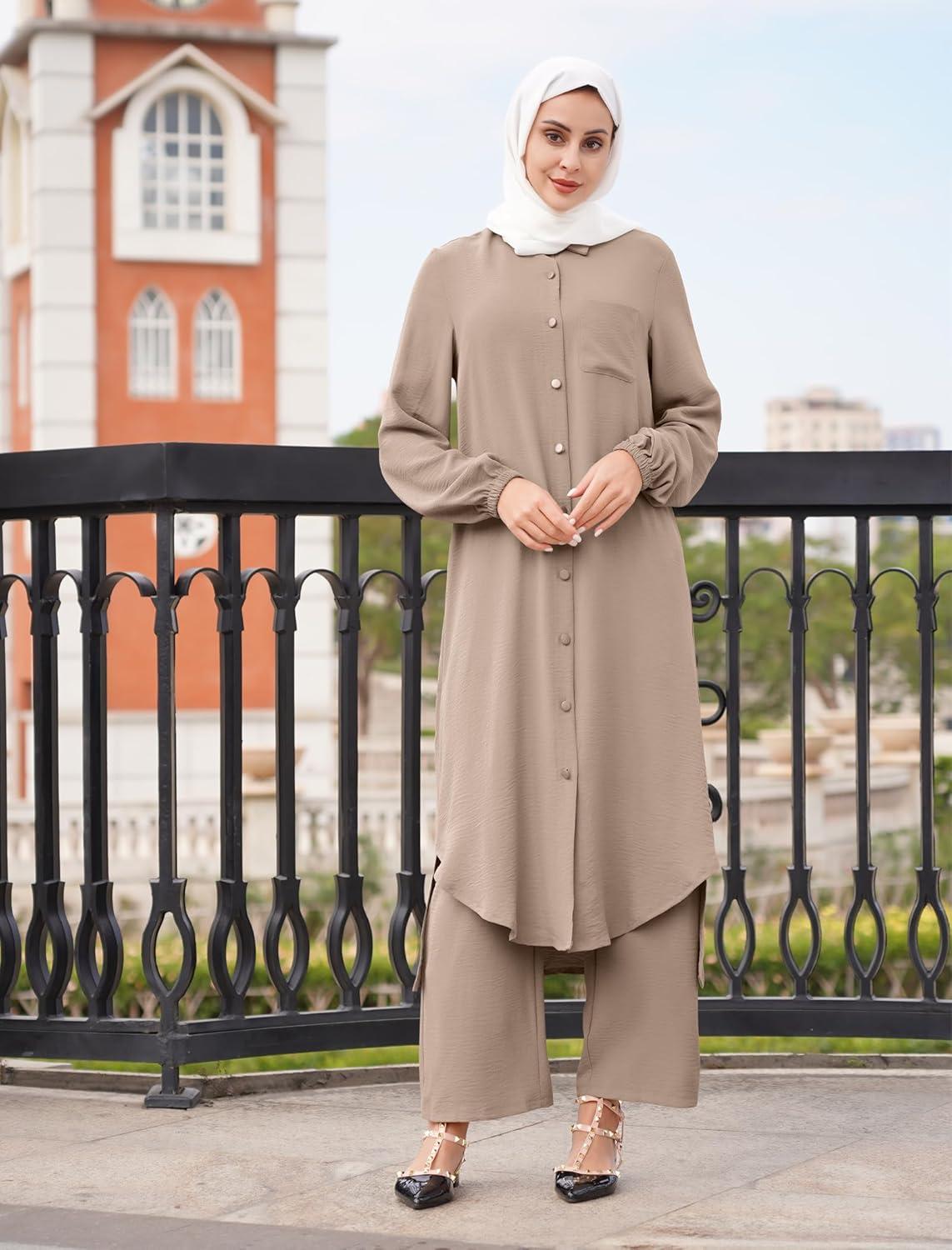imageIDOPIP Abaya Dress for Women Muslim Set Long Sleeve Chiffon Islamic Dress Shirt with Pants 2PCS Dubai Prayer Casual ClothesKhaki