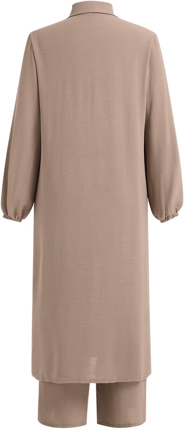 imageIDOPIP Abaya Dress for Women Muslim Set Long Sleeve Chiffon Islamic Dress Shirt with Pants 2PCS Dubai Prayer Casual ClothesKhaki