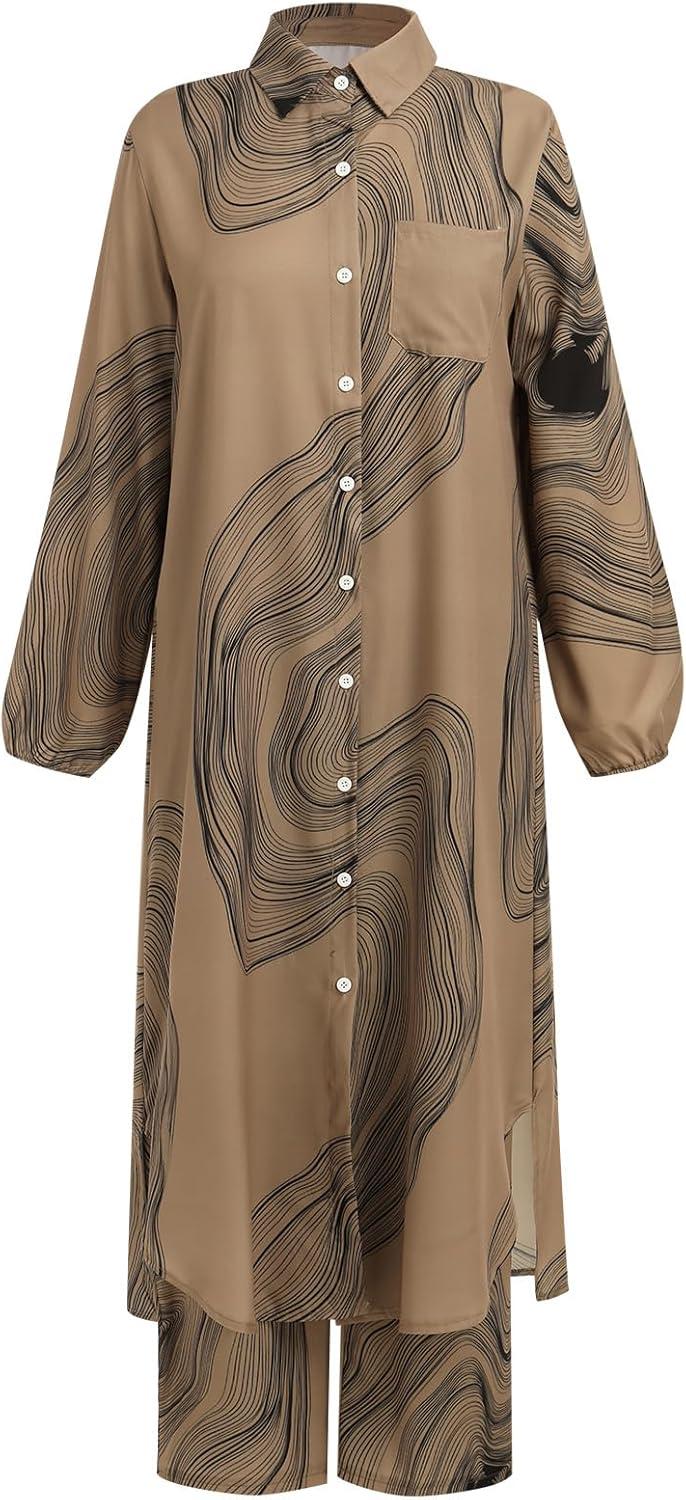 imageIDOPIP Abaya Dress for Women Muslim Set Long Sleeve Chiffon Islamic Dress Shirt with Pants 2PCS Dubai Prayer Casual ClothesKhaki Print