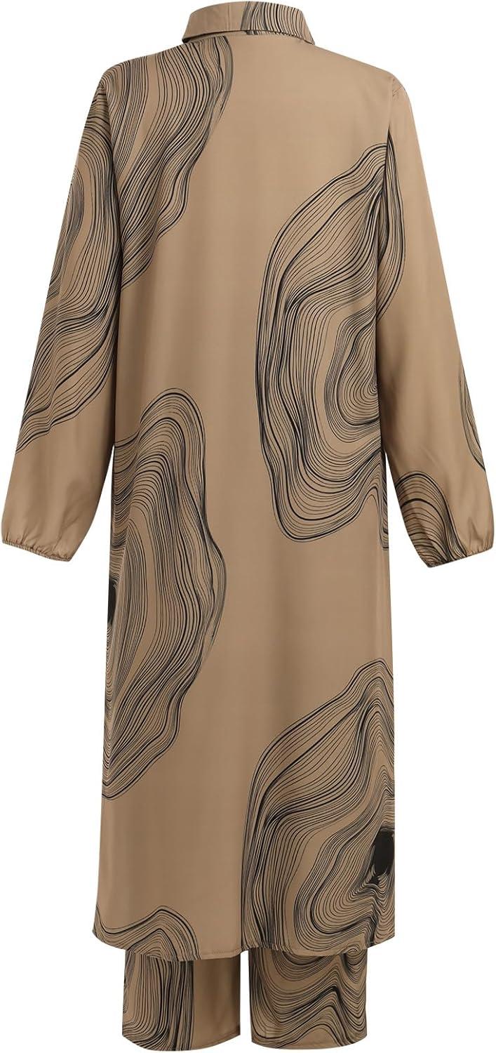 imageIDOPIP Abaya Dress for Women Muslim Set Long Sleeve Chiffon Islamic Dress Shirt with Pants 2PCS Dubai Prayer Casual ClothesKhaki Print
