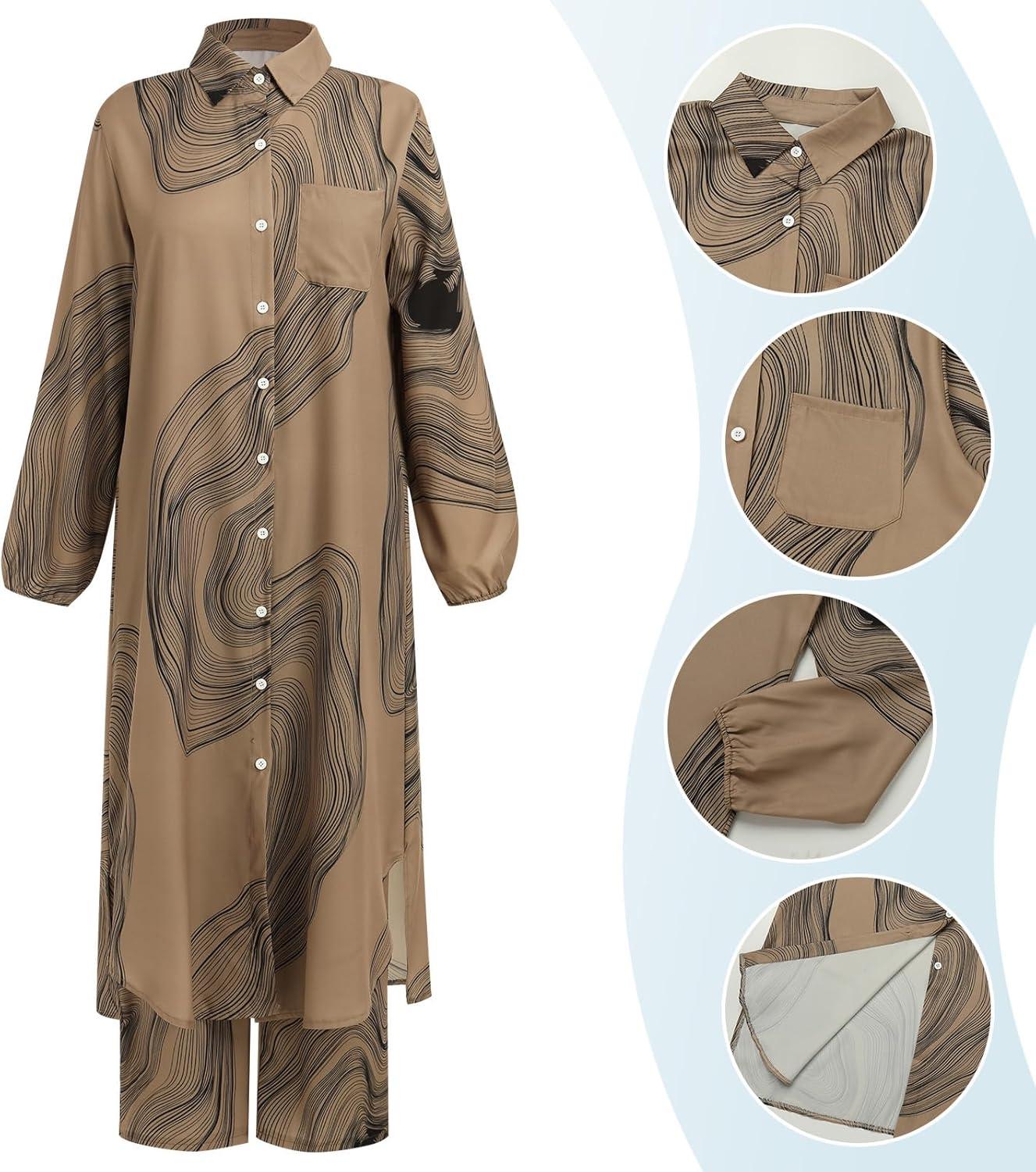 imageIDOPIP Abaya Dress for Women Muslim Set Long Sleeve Chiffon Islamic Dress Shirt with Pants 2PCS Dubai Prayer Casual ClothesKhaki Print