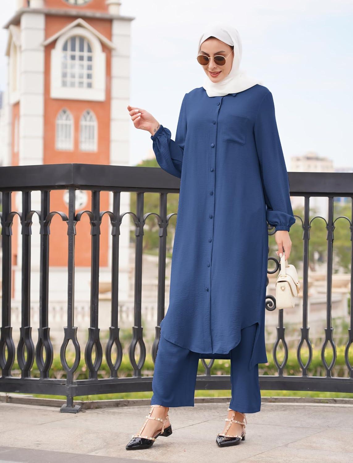 imageIDOPIP Abaya Dress for Women Muslim Set Long Sleeve Chiffon Islamic Dress Shirt with Pants 2PCS Dubai Prayer Casual ClothesNavy Blue