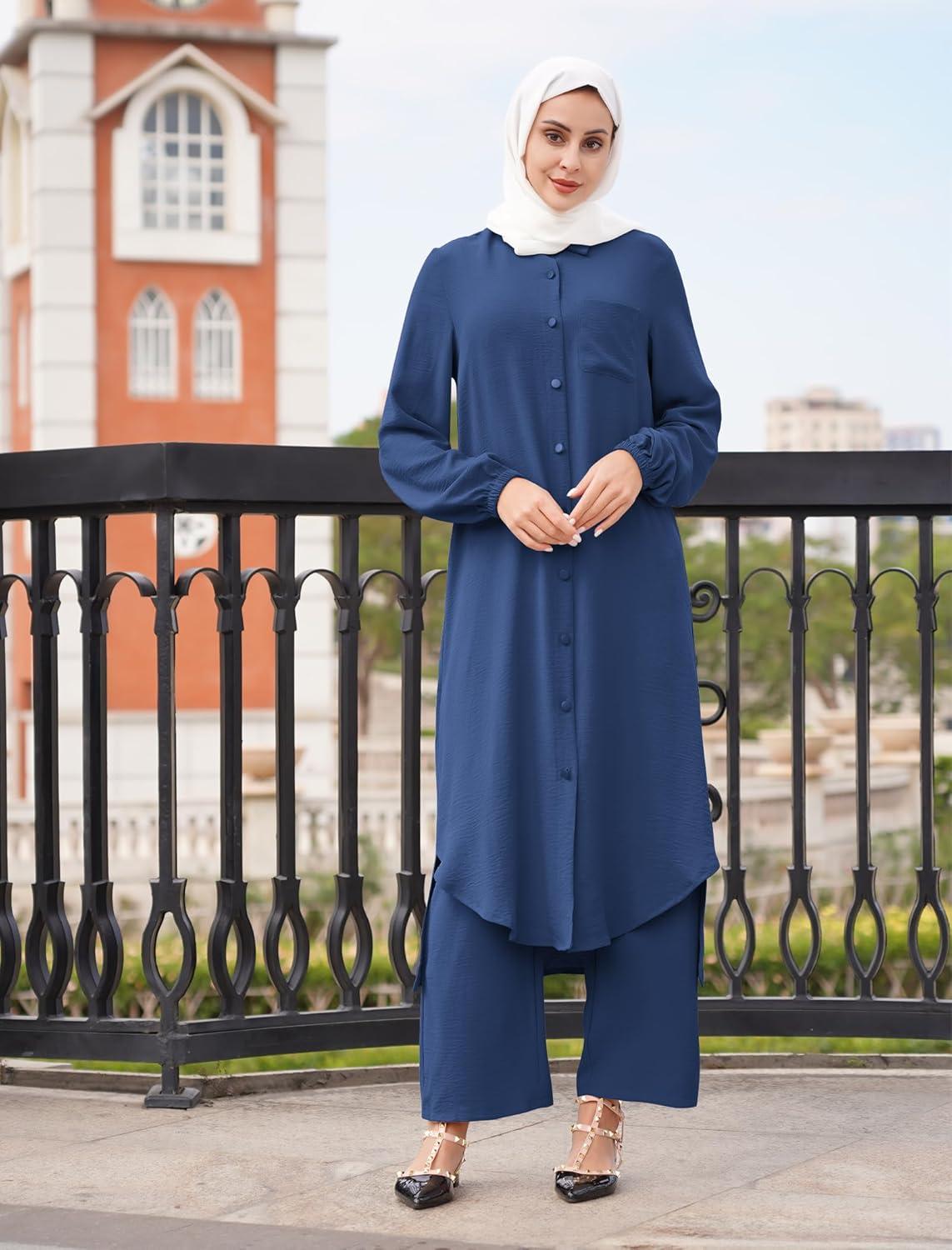 imageIDOPIP Abaya Dress for Women Muslim Set Long Sleeve Chiffon Islamic Dress Shirt with Pants 2PCS Dubai Prayer Casual ClothesNavy Blue