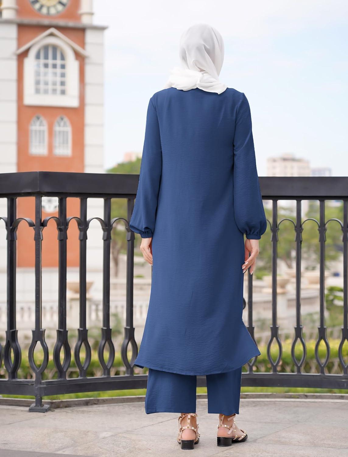 imageIDOPIP Abaya Dress for Women Muslim Set Long Sleeve Chiffon Islamic Dress Shirt with Pants 2PCS Dubai Prayer Casual ClothesNavy Blue