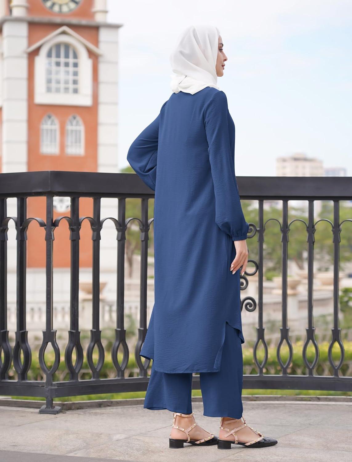 imageIDOPIP Abaya Dress for Women Muslim Set Long Sleeve Chiffon Islamic Dress Shirt with Pants 2PCS Dubai Prayer Casual ClothesNavy Blue