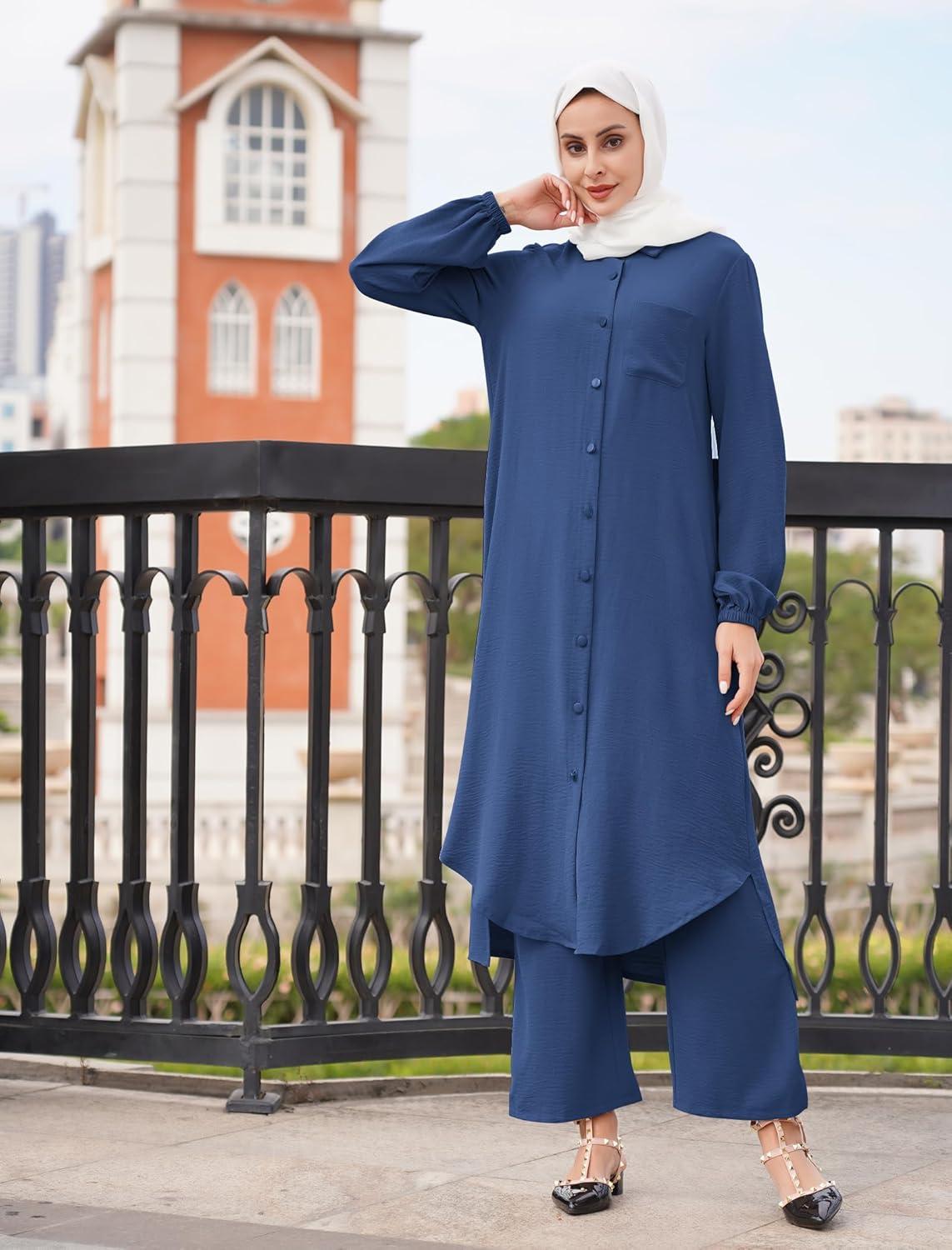 imageIDOPIP Abaya Dress for Women Muslim Set Long Sleeve Chiffon Islamic Dress Shirt with Pants 2PCS Dubai Prayer Casual ClothesNavy Blue