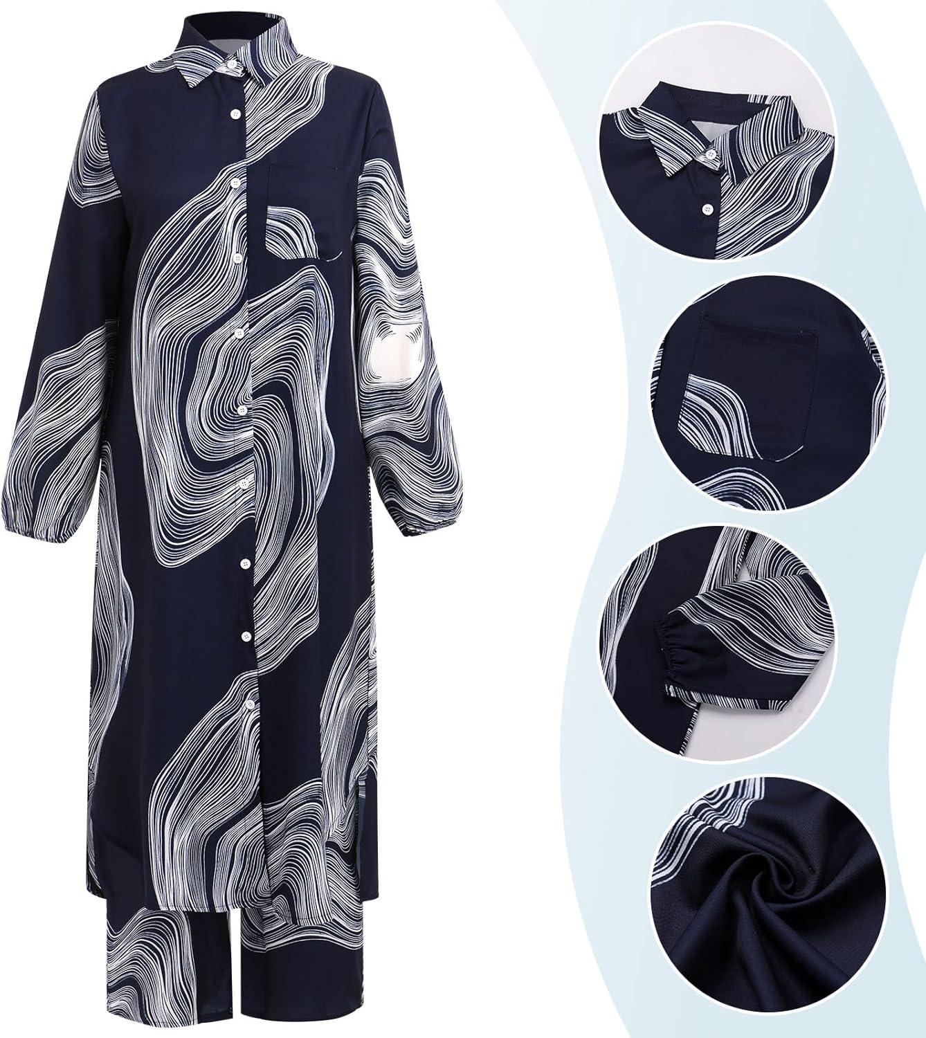 imageIDOPIP Abaya Dress for Women Muslim Set Long Sleeve Chiffon Islamic Dress Shirt with Pants 2PCS Dubai Prayer Casual ClothesNavy Blue Print