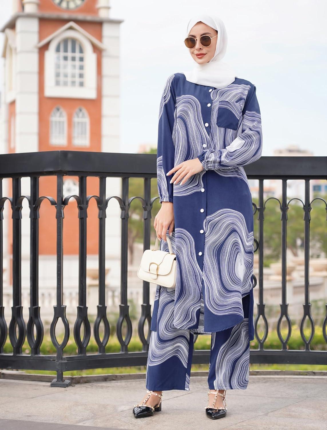 imageIDOPIP Abaya Dress for Women Muslim Set Long Sleeve Chiffon Islamic Dress Shirt with Pants 2PCS Dubai Prayer Casual ClothesNavy Blue Print