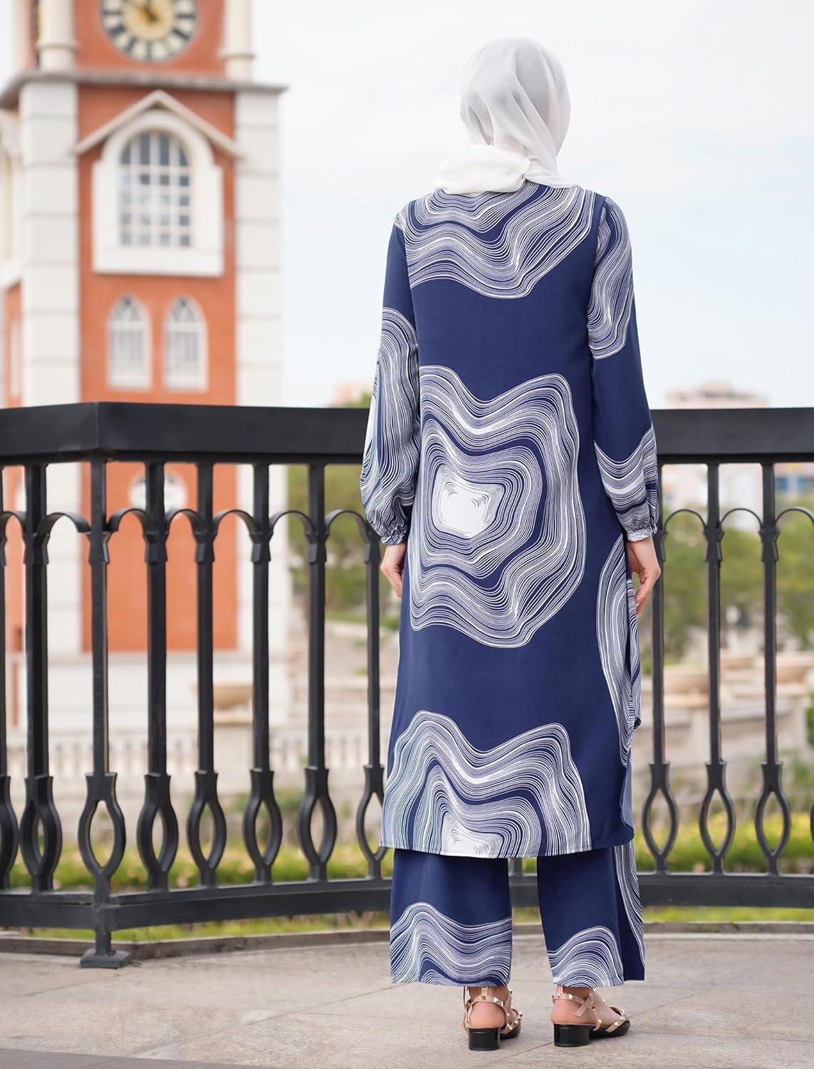 imageIDOPIP Abaya Dress for Women Muslim Set Long Sleeve Chiffon Islamic Dress Shirt with Pants 2PCS Dubai Prayer Casual ClothesNavy Blue Print