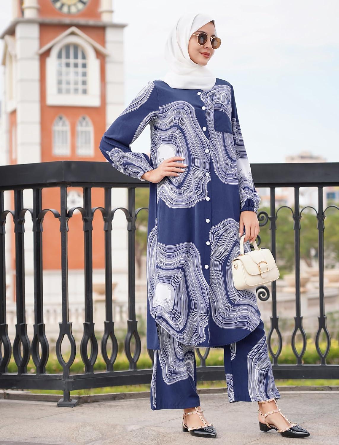 imageIDOPIP Abaya Dress for Women Muslim Set Long Sleeve Chiffon Islamic Dress Shirt with Pants 2PCS Dubai Prayer Casual ClothesNavy Blue Print