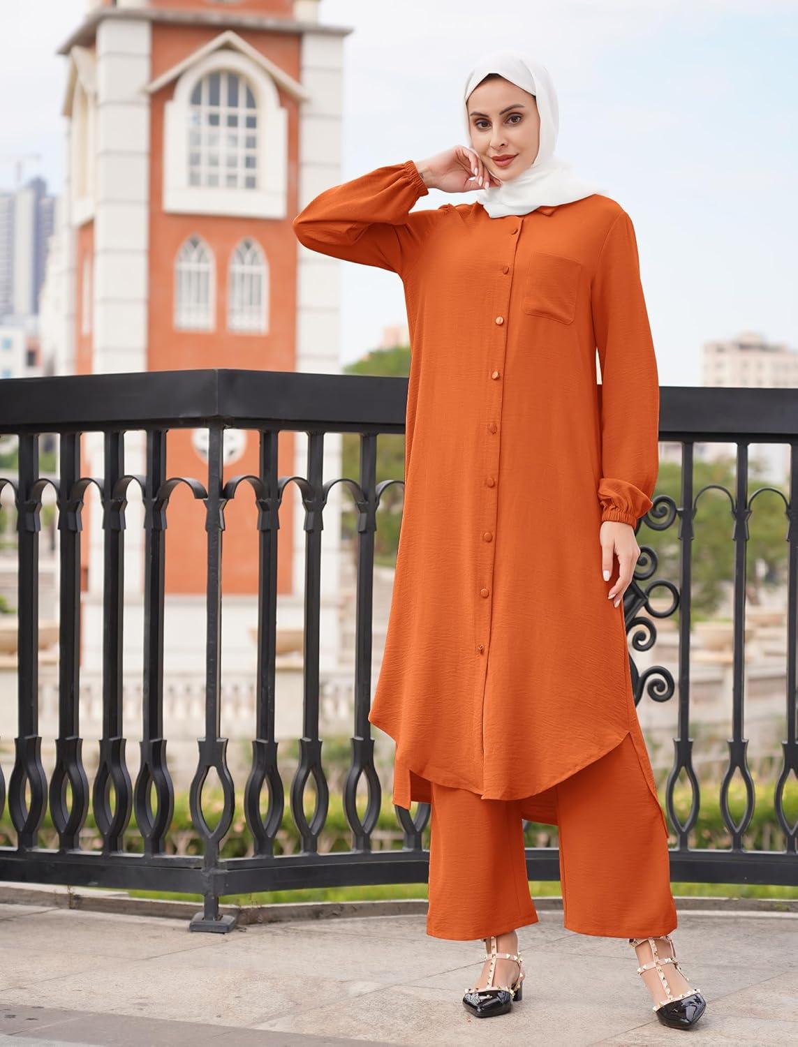 imageIDOPIP Abaya Dress for Women Muslim Set Long Sleeve Chiffon Islamic Dress Shirt with Pants 2PCS Dubai Prayer Casual ClothesOrange