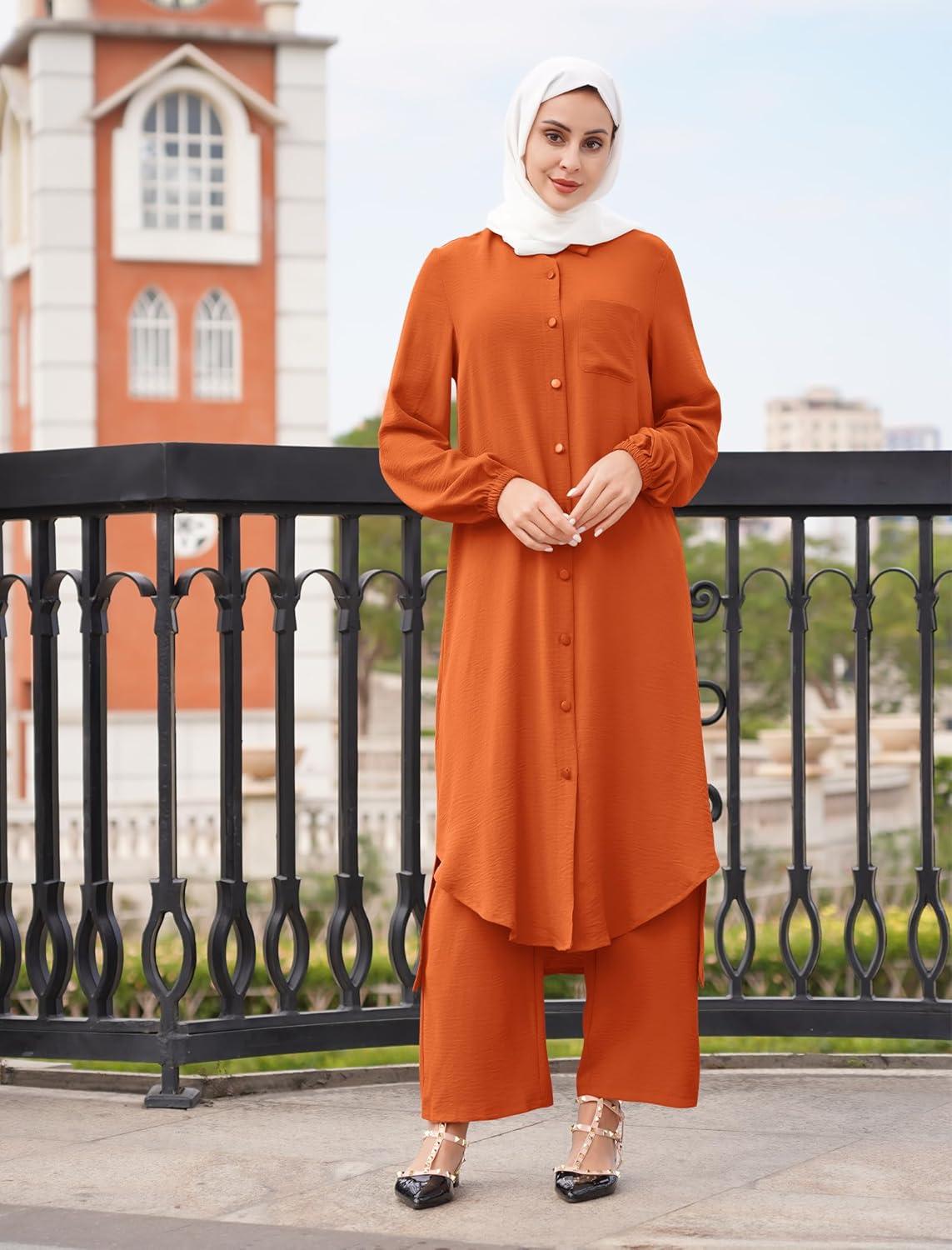 imageIDOPIP Abaya Dress for Women Muslim Set Long Sleeve Chiffon Islamic Dress Shirt with Pants 2PCS Dubai Prayer Casual ClothesOrange