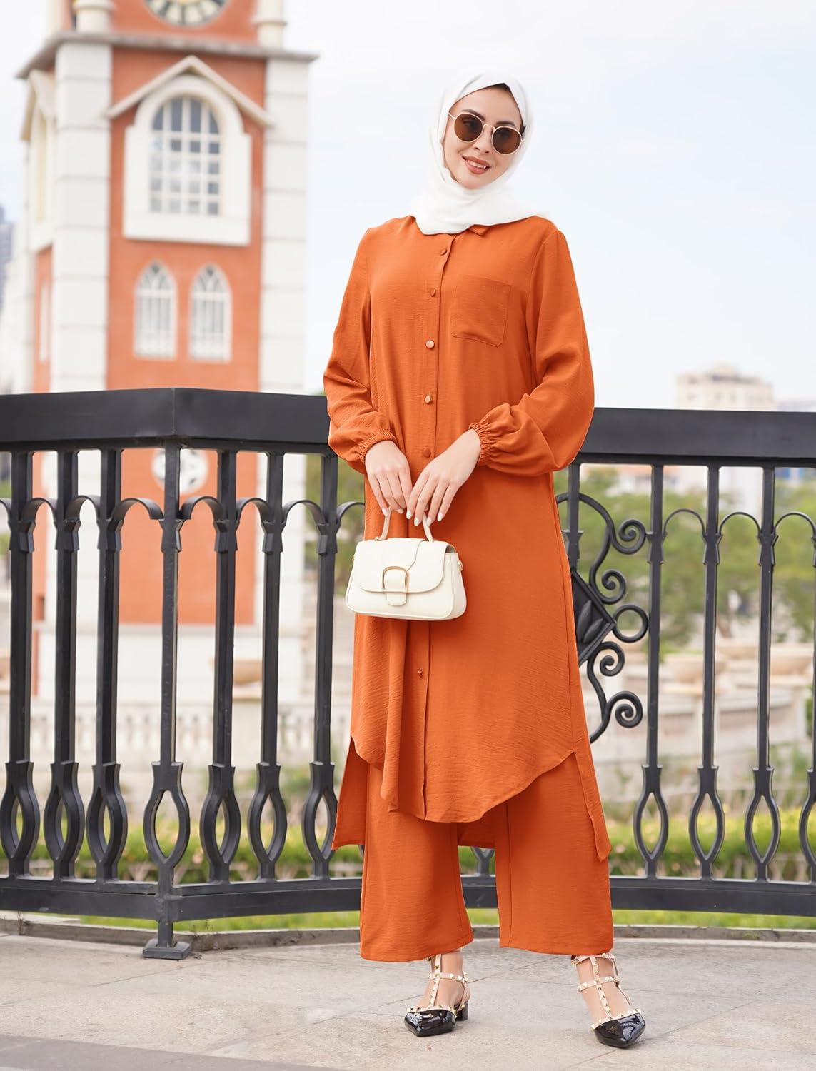 imageIDOPIP Abaya Dress for Women Muslim Set Long Sleeve Chiffon Islamic Dress Shirt with Pants 2PCS Dubai Prayer Casual ClothesOrange