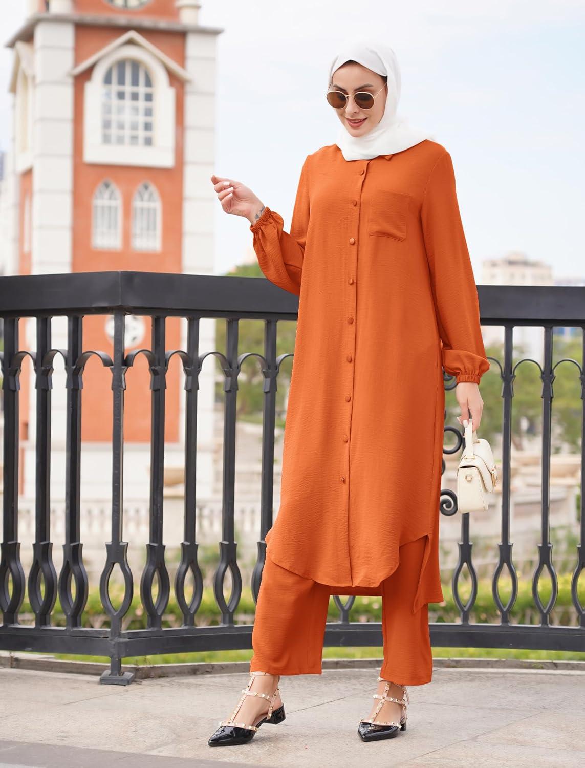 imageIDOPIP Abaya Dress for Women Muslim Set Long Sleeve Chiffon Islamic Dress Shirt with Pants 2PCS Dubai Prayer Casual ClothesOrange