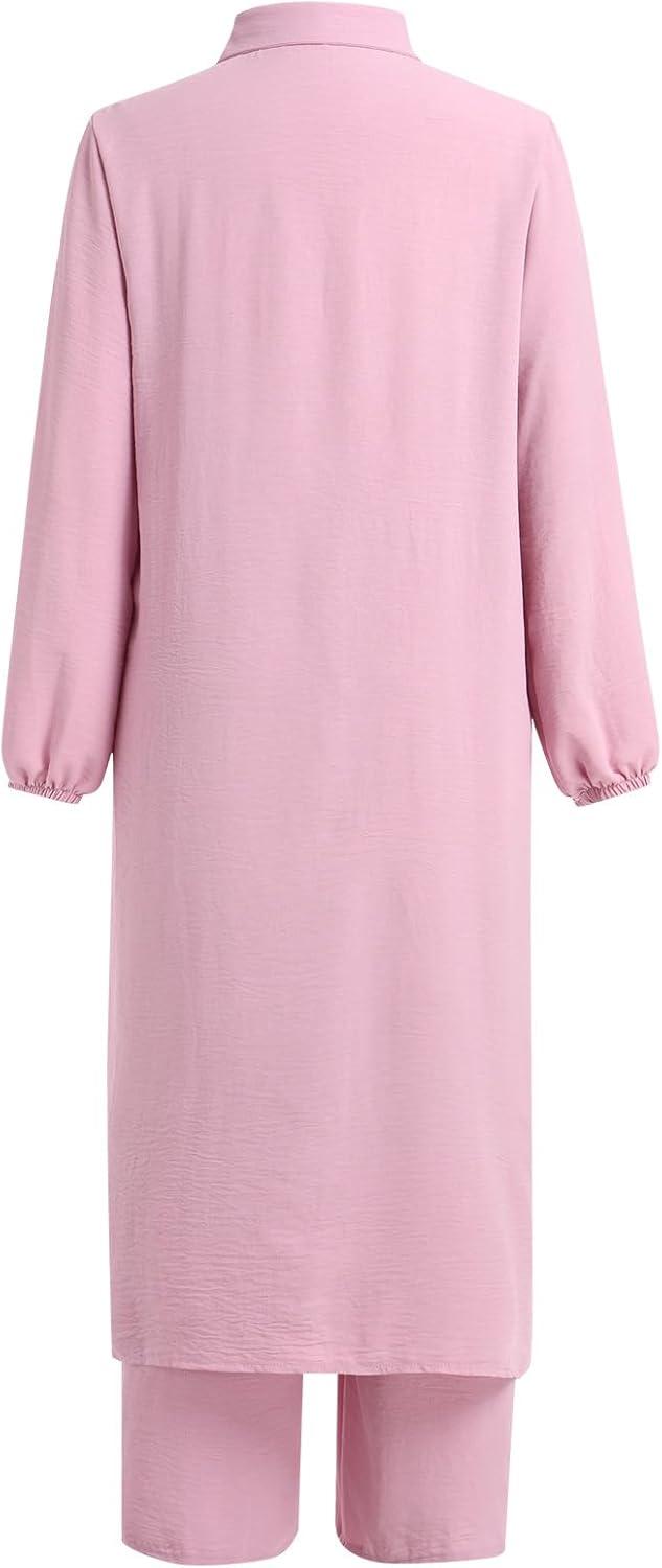 imageIDOPIP Abaya Dress for Women Muslim Set Long Sleeve Chiffon Islamic Dress Shirt with Pants 2PCS Dubai Prayer Casual ClothesPink