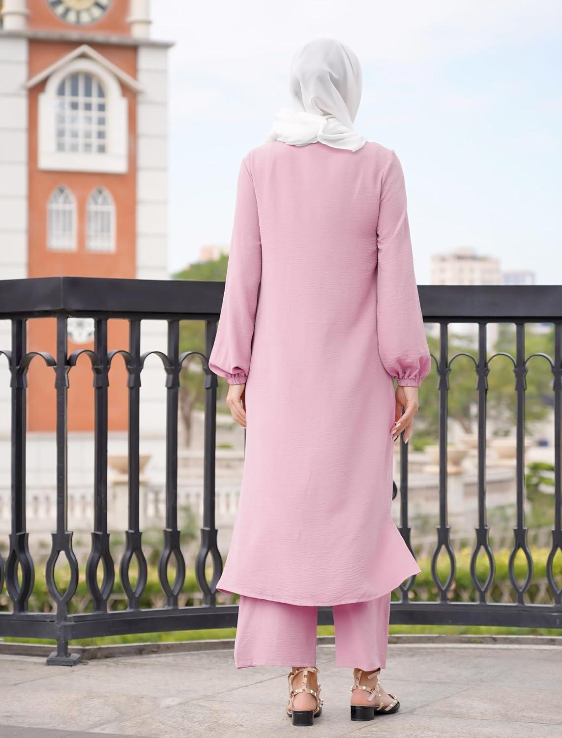 imageIDOPIP Abaya Dress for Women Muslim Set Long Sleeve Chiffon Islamic Dress Shirt with Pants 2PCS Dubai Prayer Casual ClothesPink