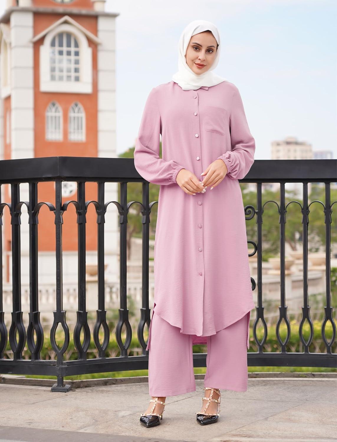 imageIDOPIP Abaya Dress for Women Muslim Set Long Sleeve Chiffon Islamic Dress Shirt with Pants 2PCS Dubai Prayer Casual ClothesPink