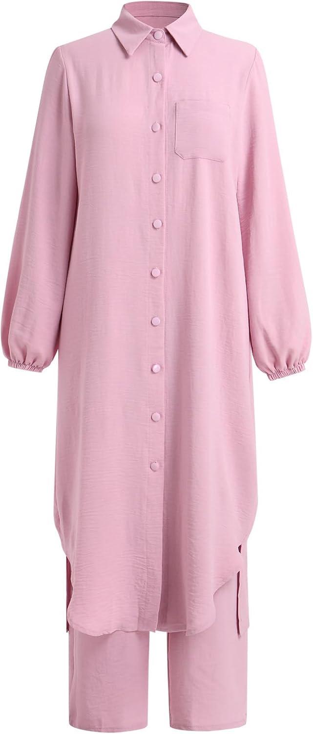 imageIDOPIP Abaya Dress for Women Muslim Set Long Sleeve Chiffon Islamic Dress Shirt with Pants 2PCS Dubai Prayer Casual ClothesPink