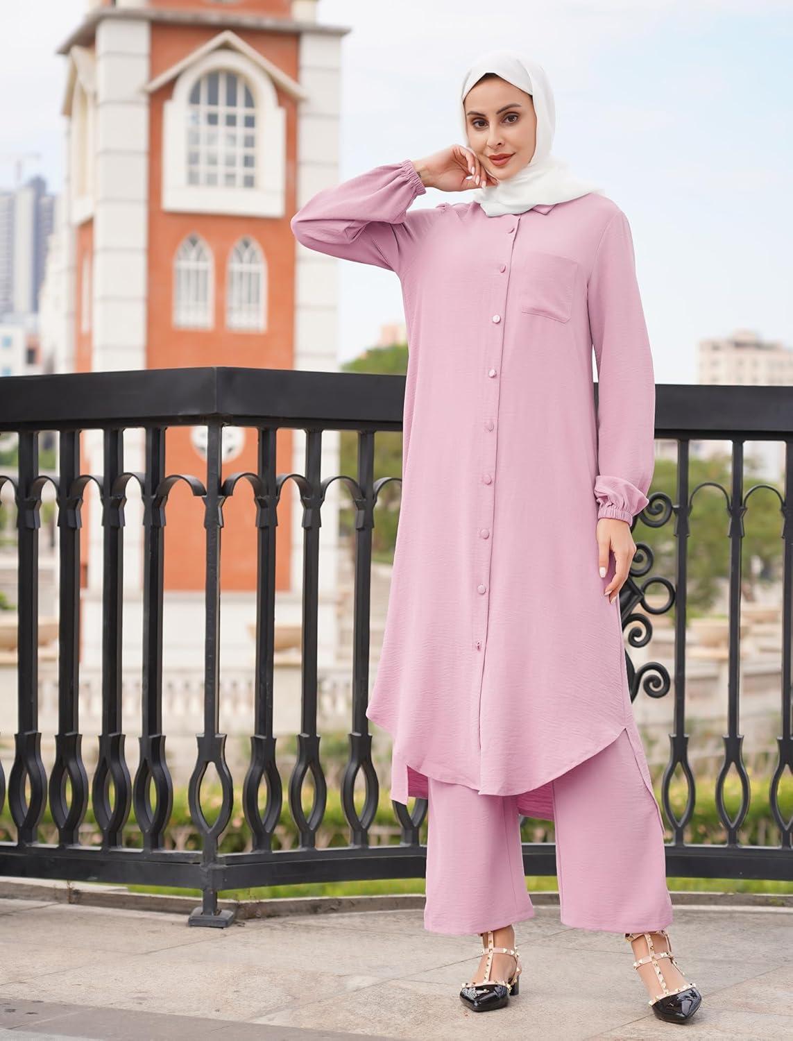 imageIDOPIP Abaya Dress for Women Muslim Set Long Sleeve Chiffon Islamic Dress Shirt with Pants 2PCS Dubai Prayer Casual ClothesPink