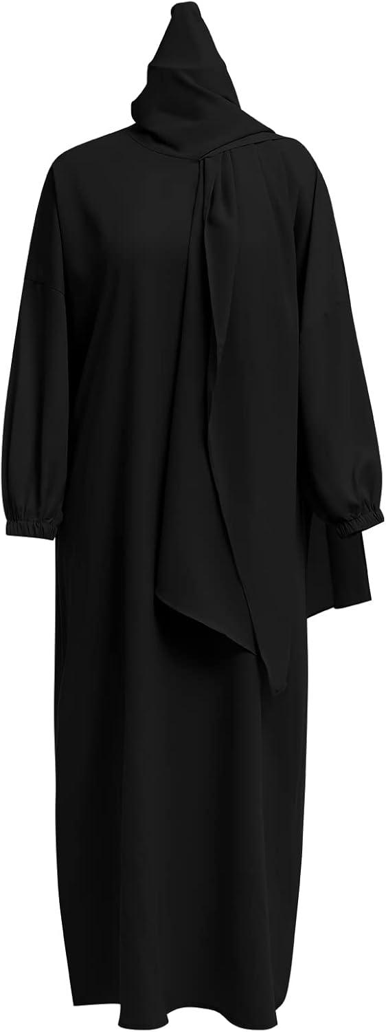 imageIDOPIP Abaya for Women Muslim Dress One Piece Long Sleeve Islamic Prayer Dress with Hooded Hijab Jilbab Loose Maxi Kaftan Dubai Robe Full Length Cover Gown Middle East Modest Prayer Clothes Black No1