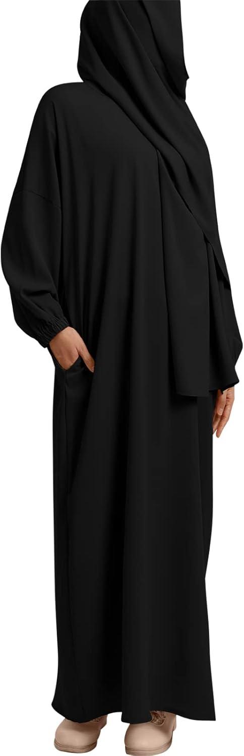 imageIDOPIP Abaya for Women Muslim Dress One Piece Long Sleeve Islamic Prayer Dress with Hooded Hijab Jilbab Loose Maxi Kaftan Dubai Robe Full Length Cover Gown Middle East Modest Prayer Clothes Black No1