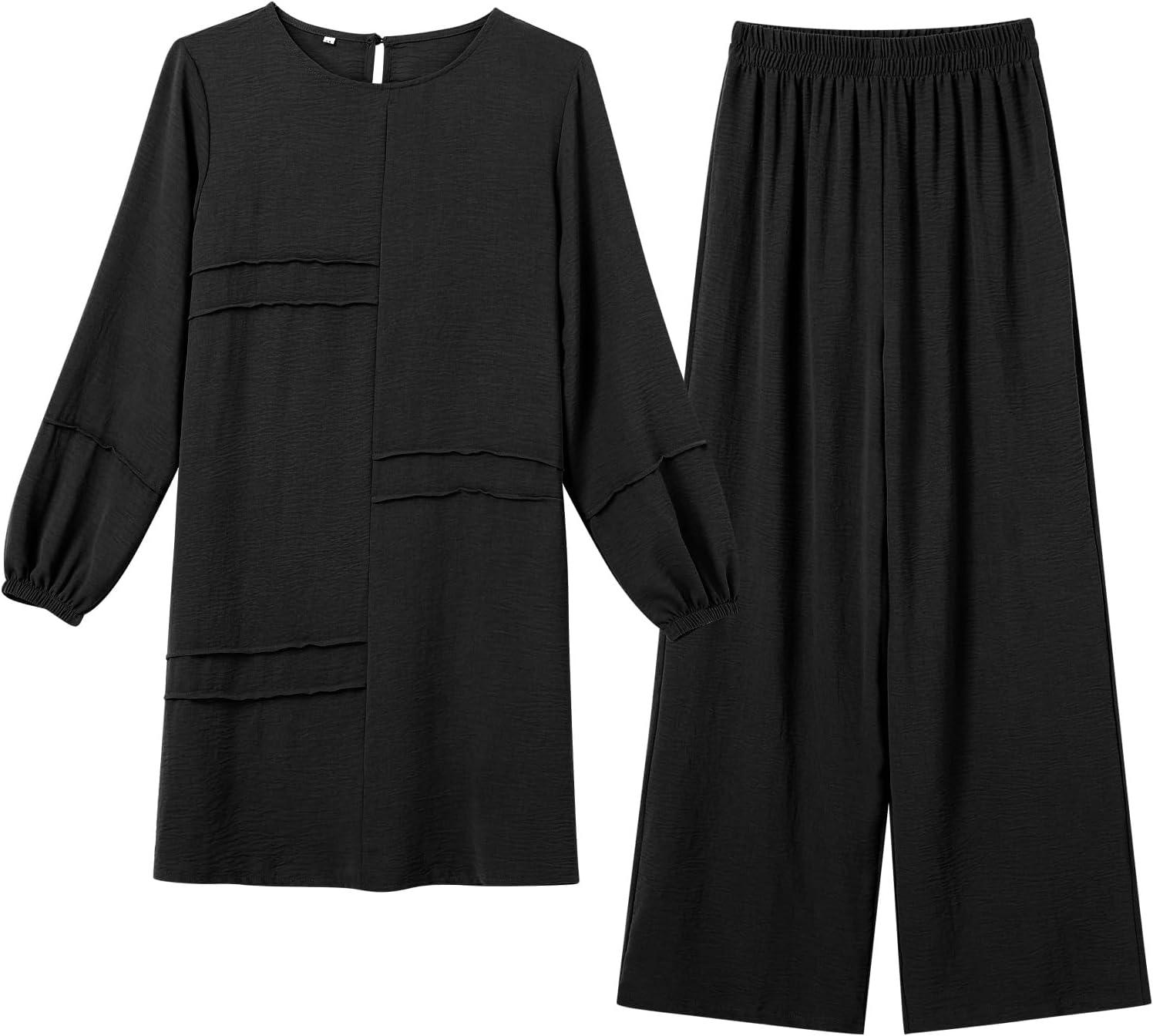 imageIDOPIP Abayas Dress for Women Muslim Long Sleeve Top Pants 2PCS Islamic Dubai Outfit Casual Ramadan Prayer Dress Clothes SetsBlack