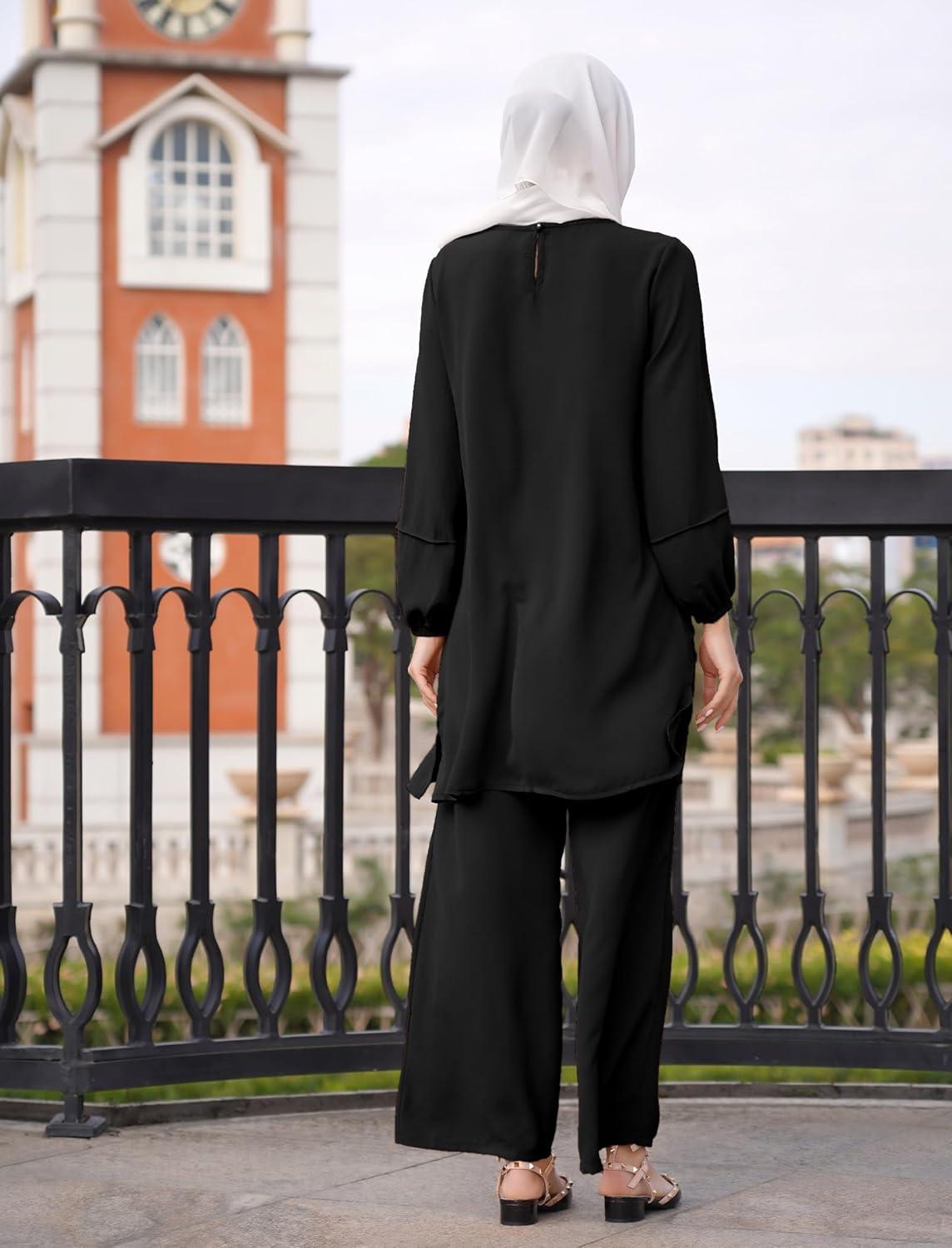 imageIDOPIP Abayas Dress for Women Muslim Long Sleeve Top Pants 2PCS Islamic Dubai Outfit Casual Ramadan Prayer Dress Clothes SetsBlack