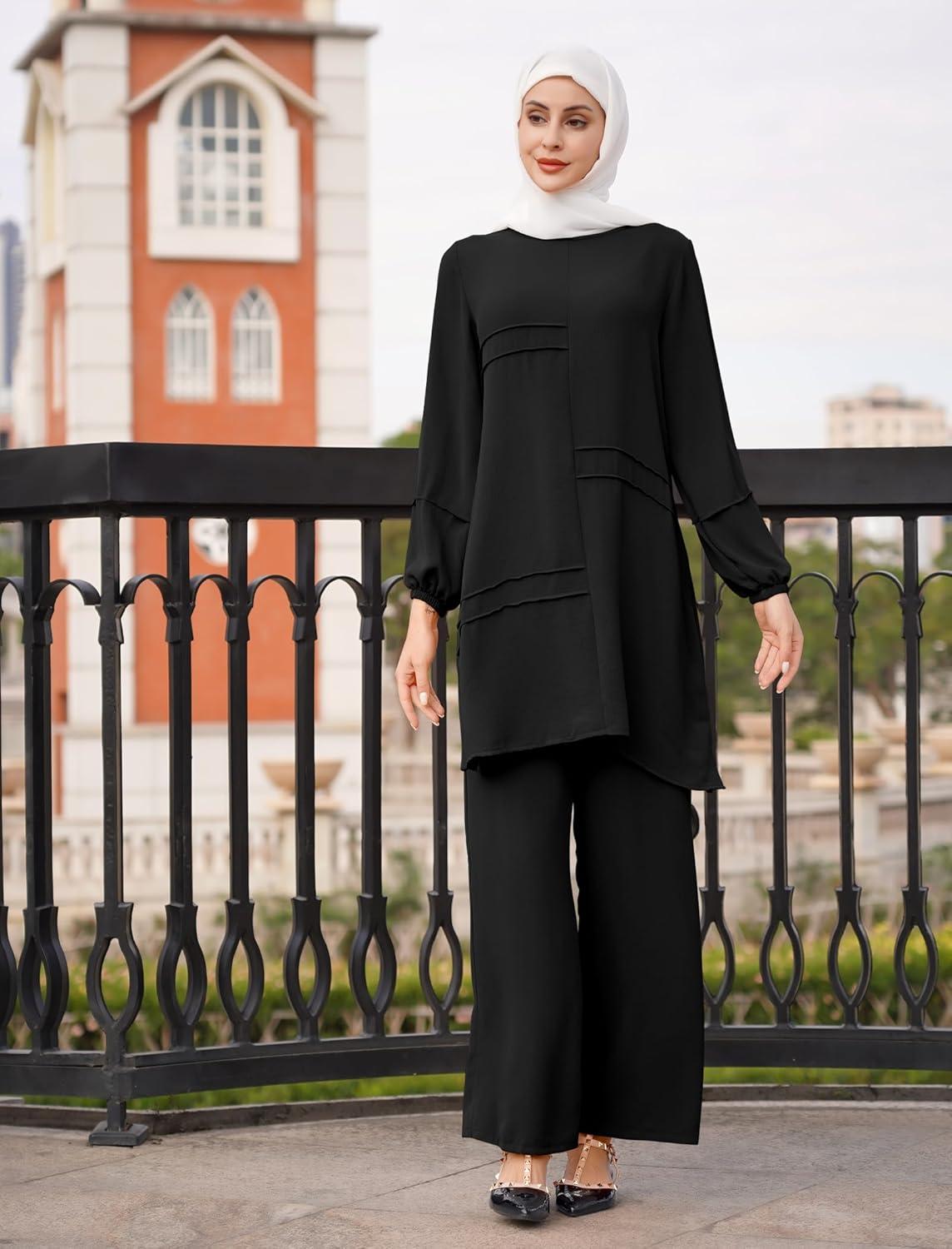 imageIDOPIP Abayas Dress for Women Muslim Long Sleeve Top Pants 2PCS Islamic Dubai Outfit Casual Ramadan Prayer Dress Clothes SetsBlack