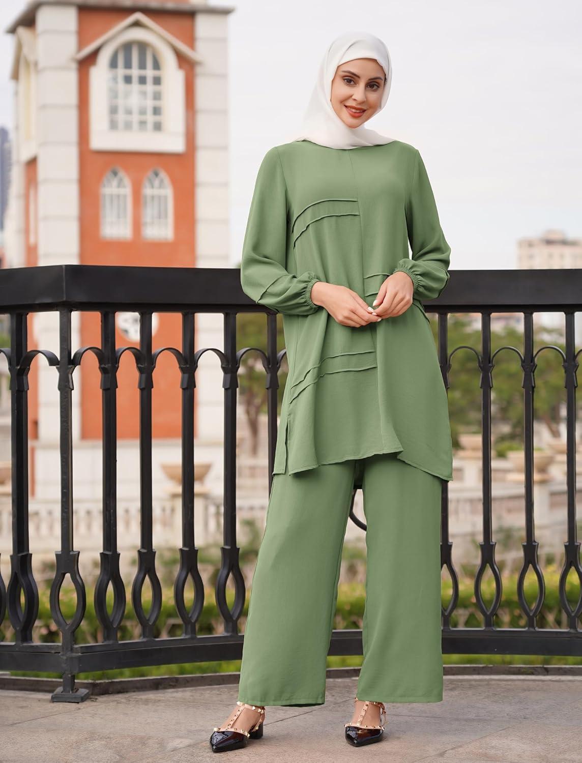 imageIDOPIP Abayas Dress for Women Muslim Long Sleeve Top Pants 2PCS Islamic Dubai Outfit Casual Ramadan Prayer Dress Clothes SetsGreen